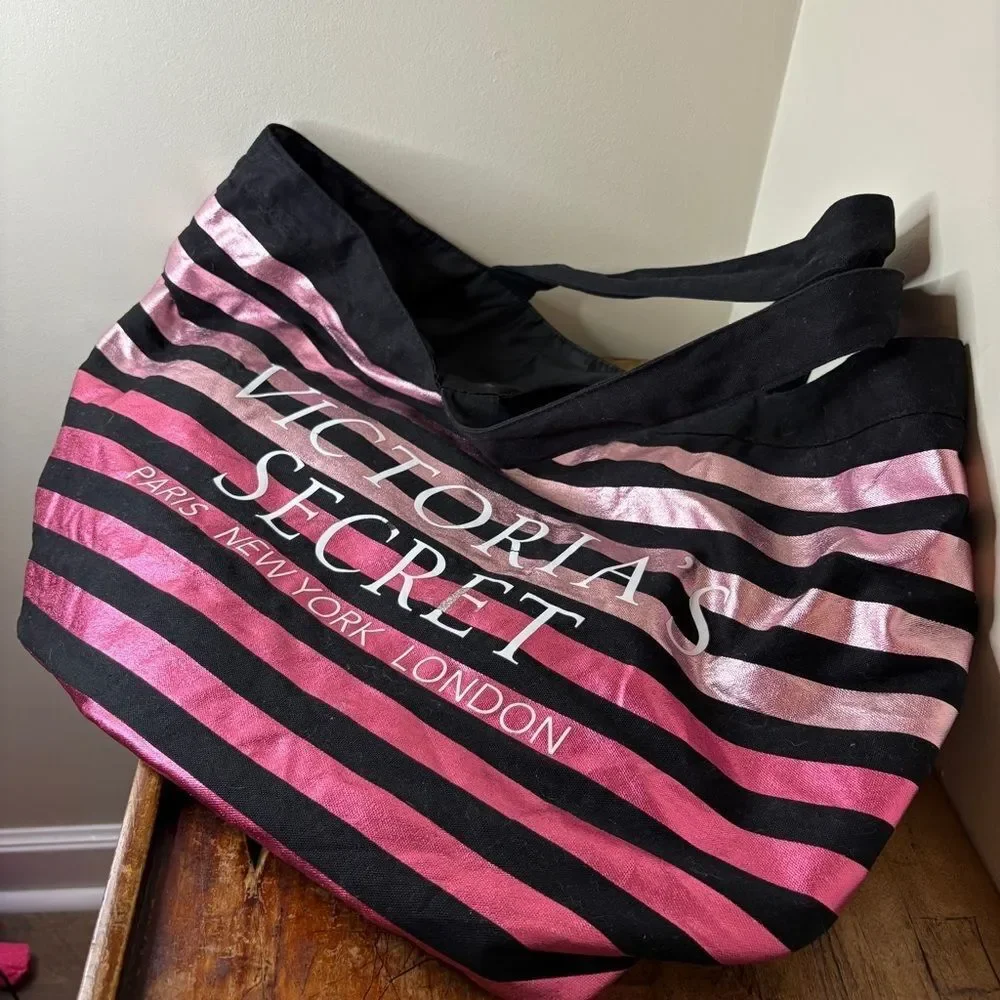 Victoria's Secret Black and Metallic Pink Striped Large Tote see pix for blemish